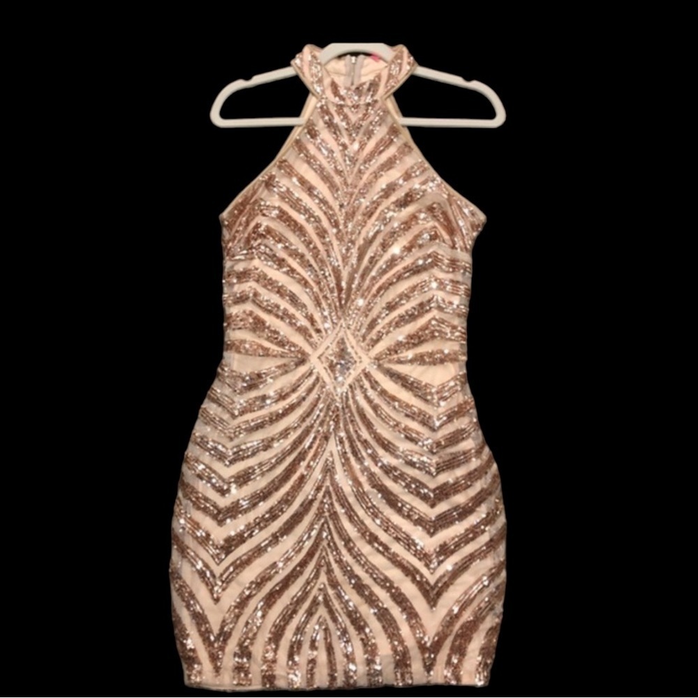 Rose Gold Sequin Halter Dress EUC Size Medium - Picture 12 of 12
